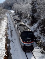 Heritage loco 145 leads Amtrak #20(2) under the Bedford Avenue bridge soon after departing (regrettably) Lynchburg.